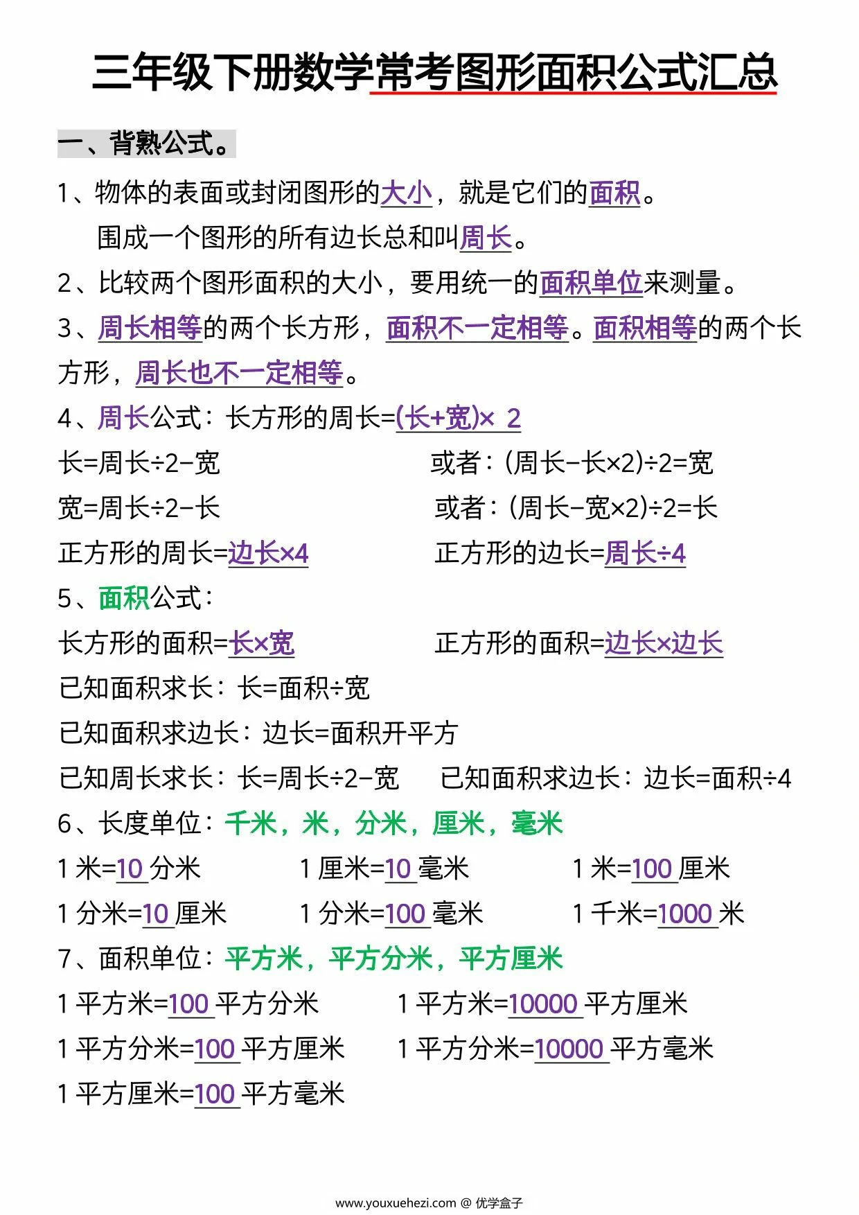 图片[1]-三年级下册数学常考图形面积，9页PDF电子版-优学盒子