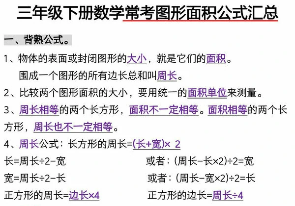 三年级下册数学常考图形面积，9页PDF电子版-优学盒子