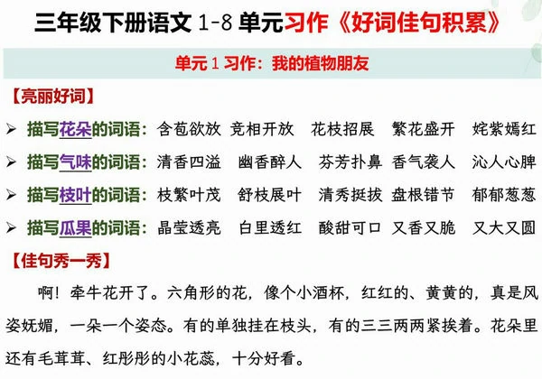 三年级下册语文1-8单元习作《好词佳句积累》，22页PDF电子版-优学盒子