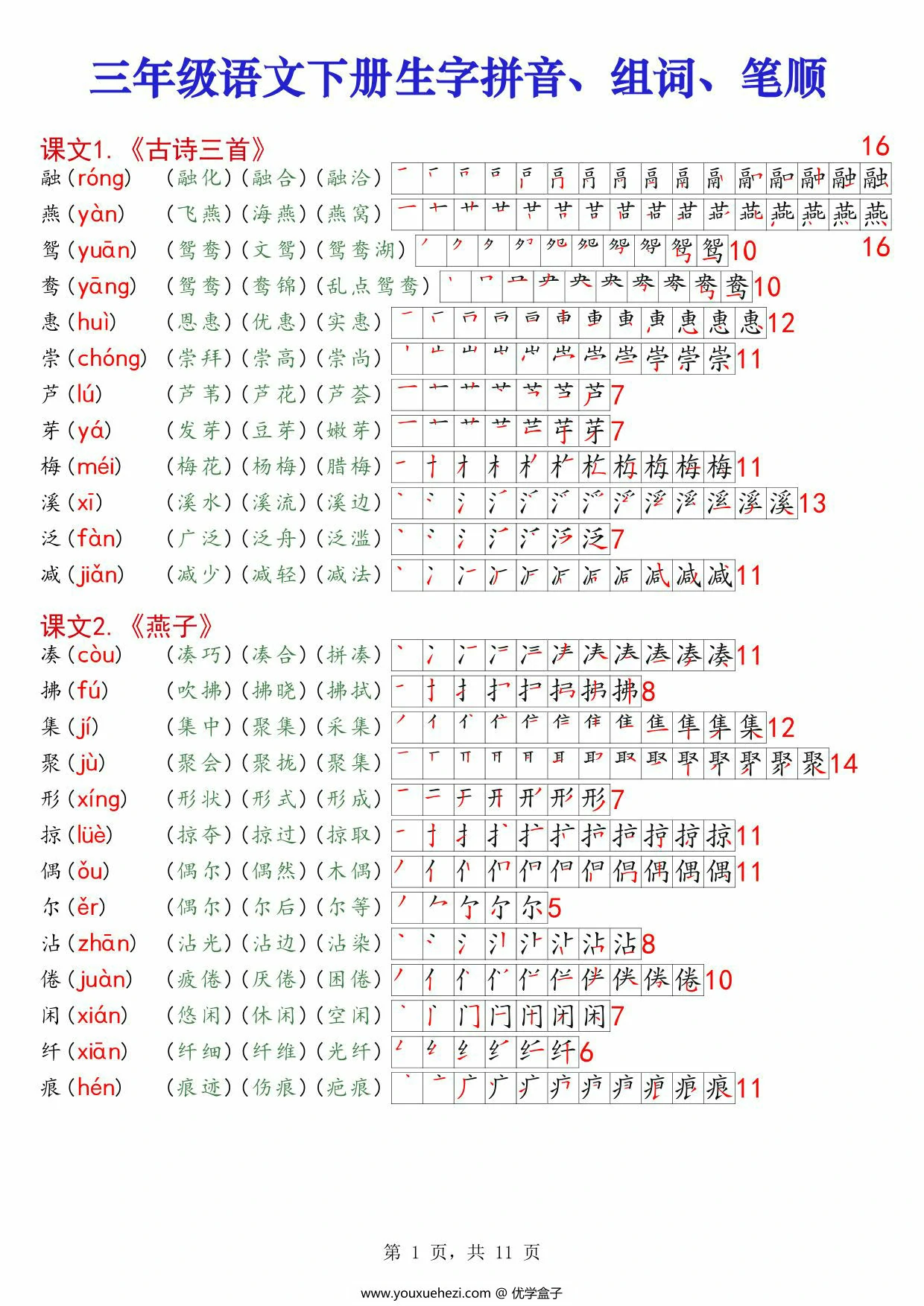 图片[1]-三年级下册语文课课贴生字拼音组词笔顺，11页PDF电子版-优学盒子
