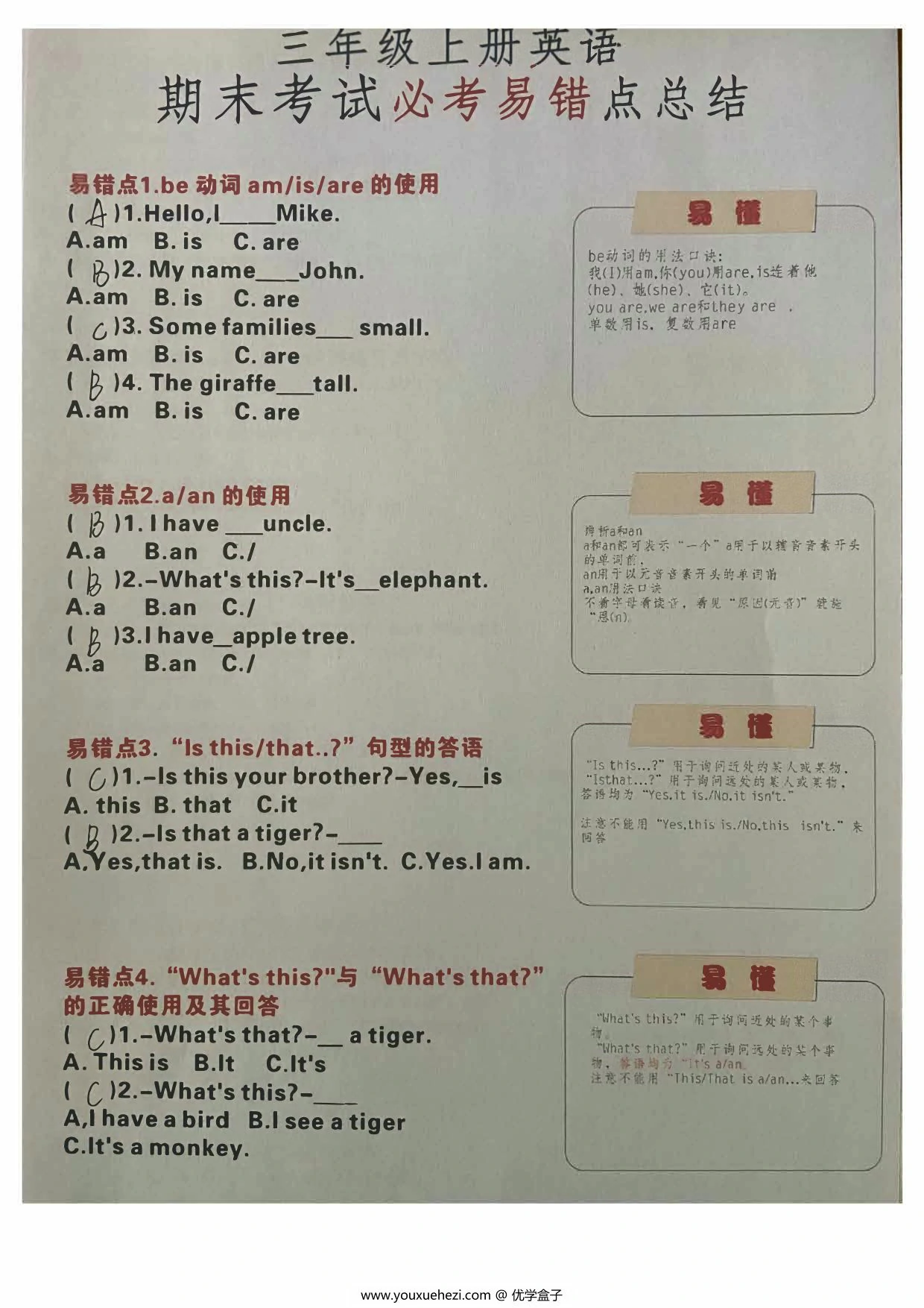 图片[3]-三年级英语上册易错题总结（含答案），10页PDF可打印-优学盒子