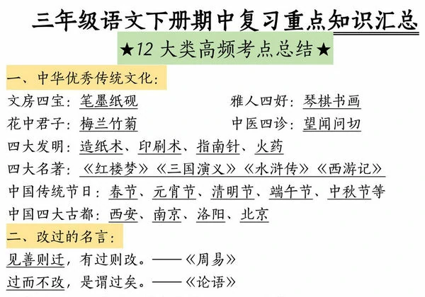 三年级语文下册期中复习重点知识汇总-12大类高频考点总结，28页PDF电子版-优学盒子