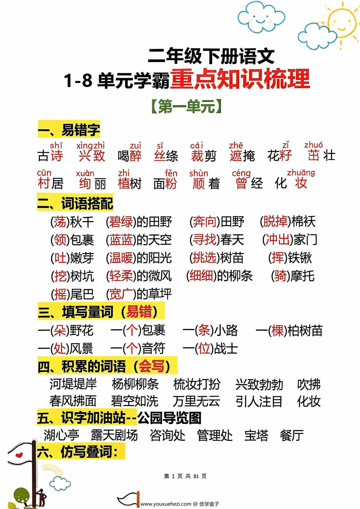 图片[1]-二年级下册语文1-8单元学霸重点知识梳理，31页PDF可打印-优学盒子