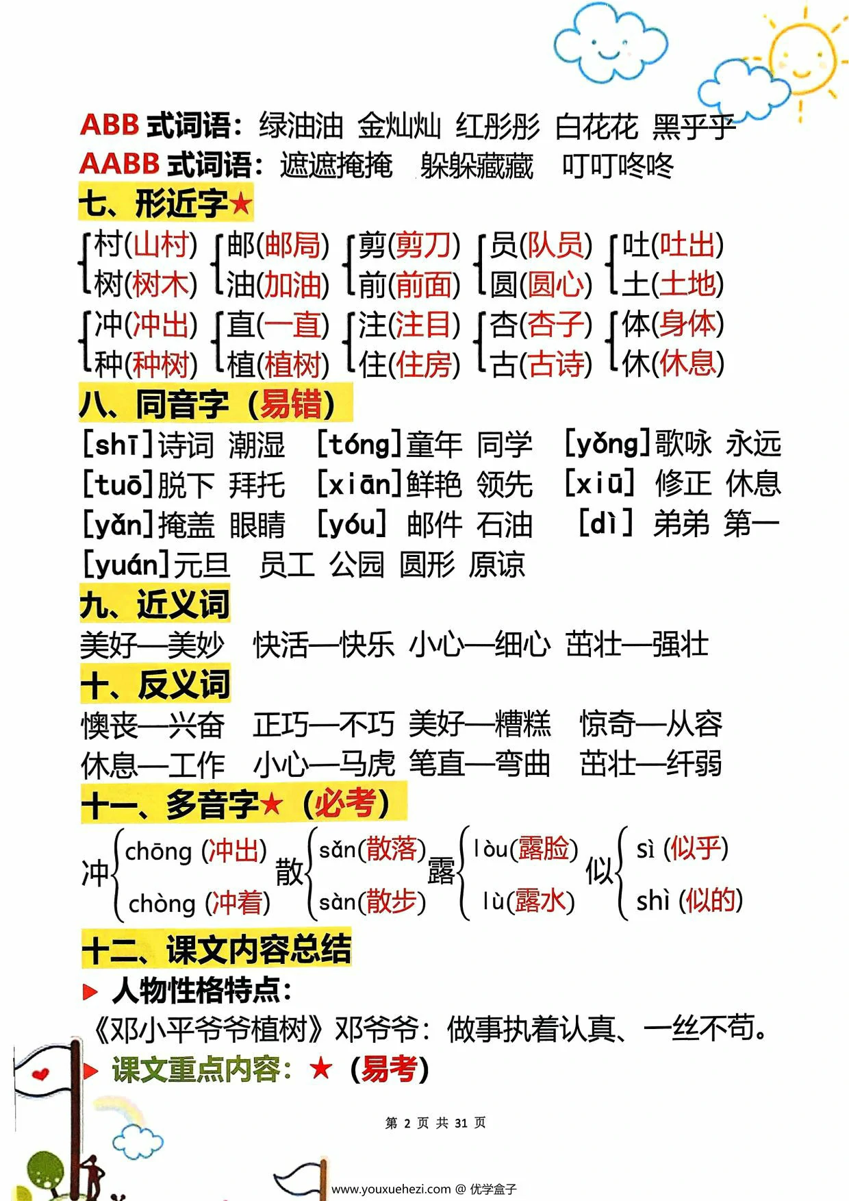 图片[2]-二年级下册语文1-8单元学霸重点知识梳理，31页PDF可打印-优学盒子