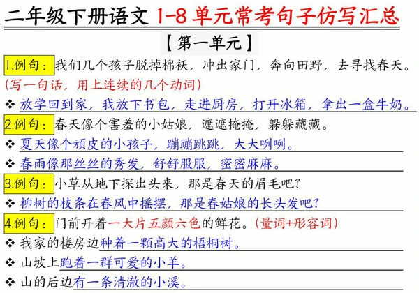 二年级下册语文1-8单元常考句子仿写汇总（空白版+答案版）版一，10页PDF电子版-优学盒子