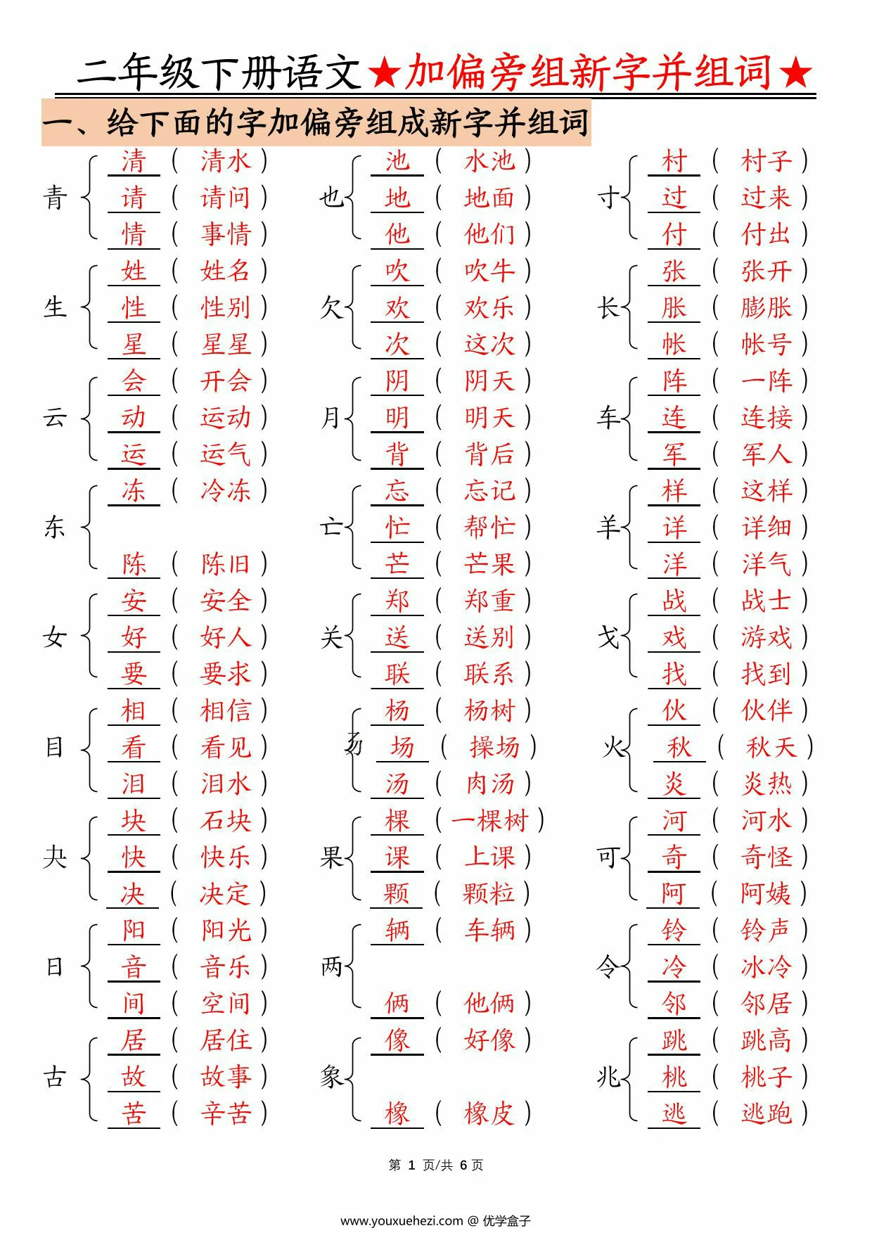 图片[1]-二年级下册语文加偏旁部首组新字并组词，12页PDF电子版-优学盒子
