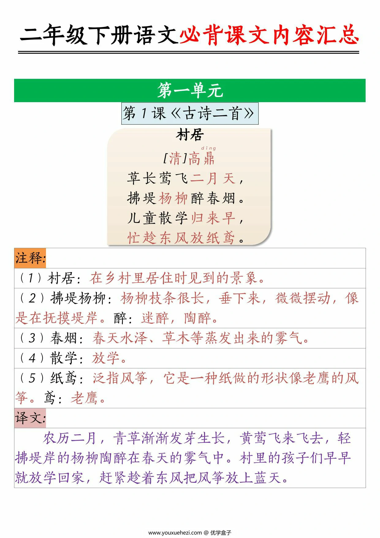 图片[1]-二年级下册语文必背课文内容汇总，13页PDF电子版-优学盒子