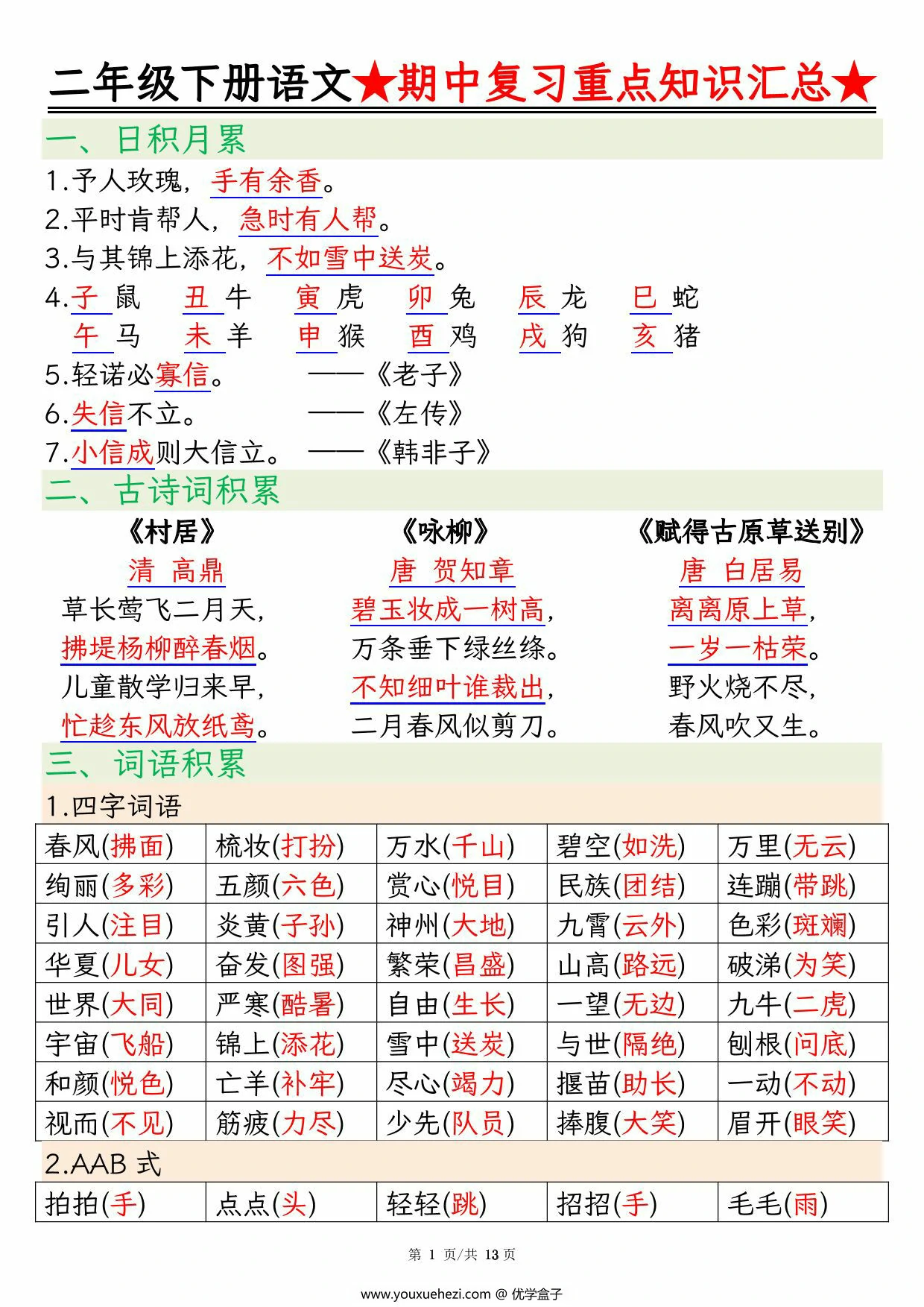 图片[1]-二年级下册语文期中复习重点知识汇总，13页PDF可打印-优学盒子