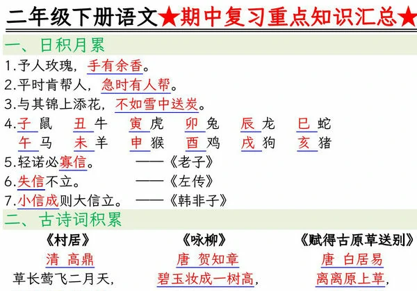 二年级下册语文期中复习重点知识汇总，13页PDF可打印-优学盒子