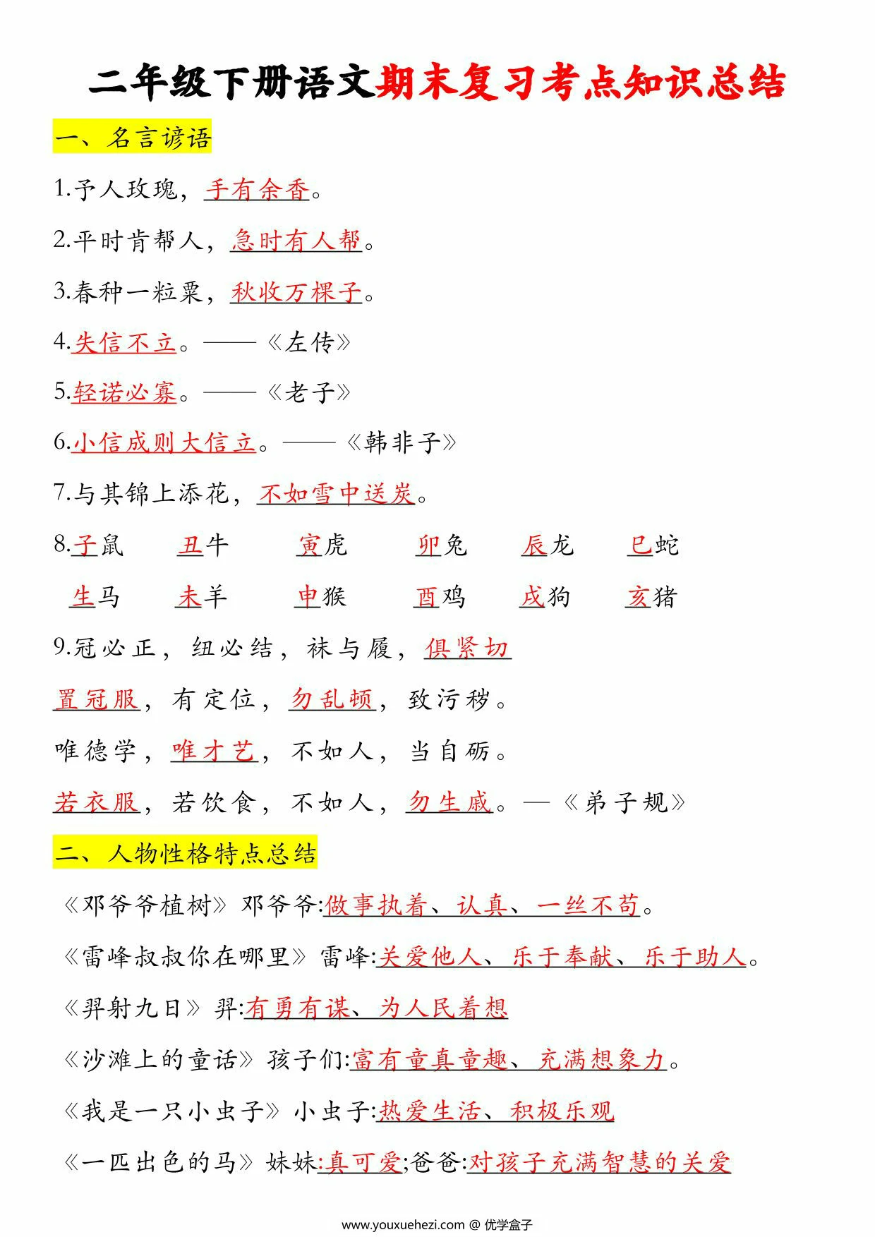 图片[1]-二年级下册语文期末复习考点知识总结，12页PDF电子版-优学盒子