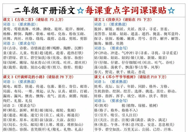 二年级下册语文每课重点字词课课贴，4页PDF可打印-优学盒子