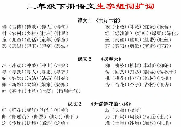 二年级下册语文生字组词扩词汇总，5页PDF电子版-优学盒子