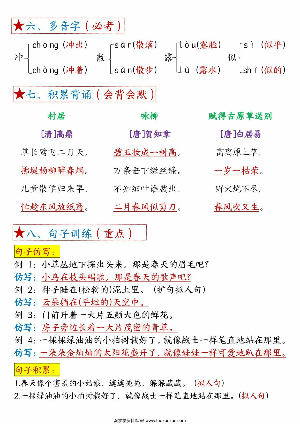 图片[2]-二年级下册语文第一单元考点总结 – 8个必背知识点，4页PDF电子版-优学盒子