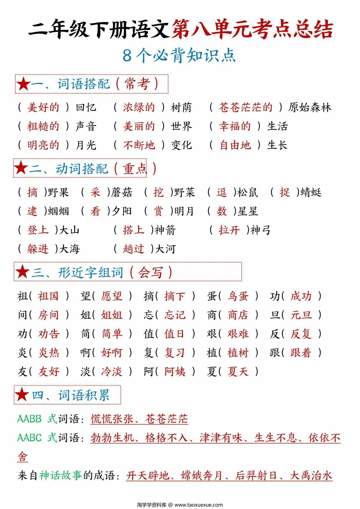 图片[1]-二年级下册语文第八单元考点总结 – 8个必背知识点，4页PDF可打印-优学盒子