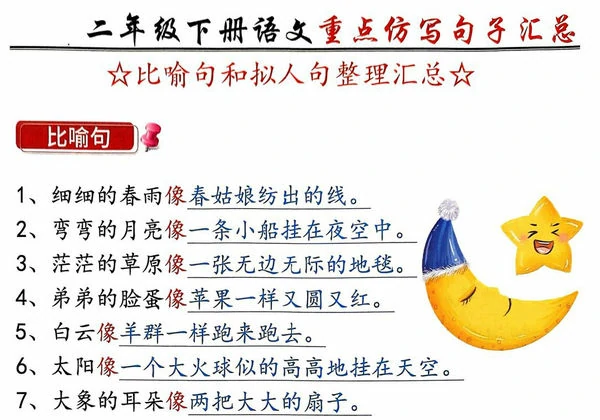 二年级下册语文重点仿写句子汇总+同步写作范文，20页PDF电子版-优学盒子