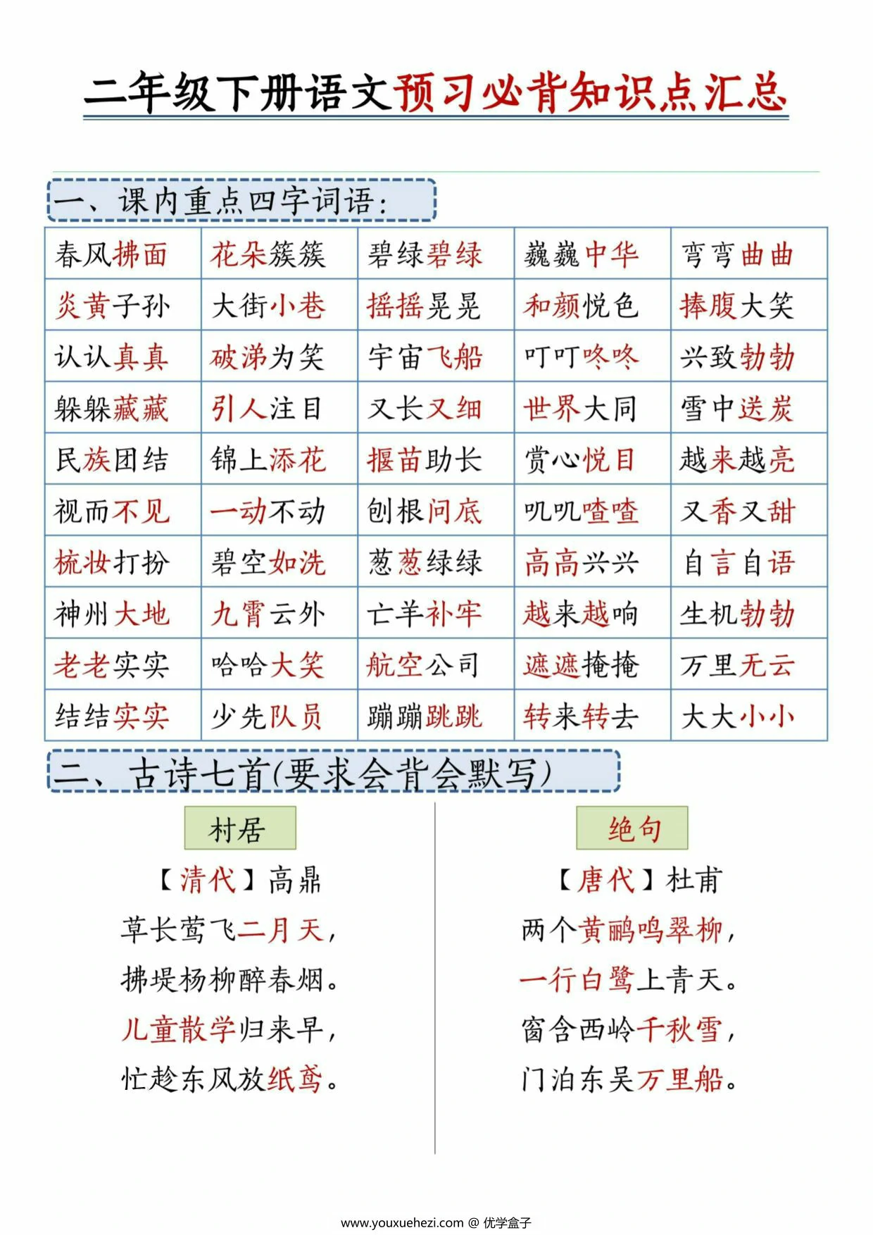 图片[1]-二年级下册语文预习必背知识点汇总，19页PDF可打印-优学盒子