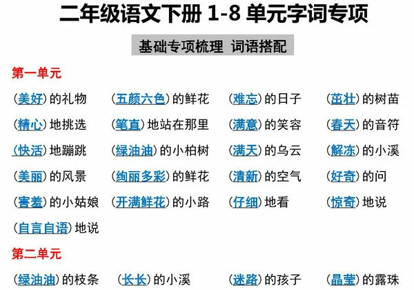 二年级语文下册1-8单元字词专项，6页PDF电子版-优学盒子