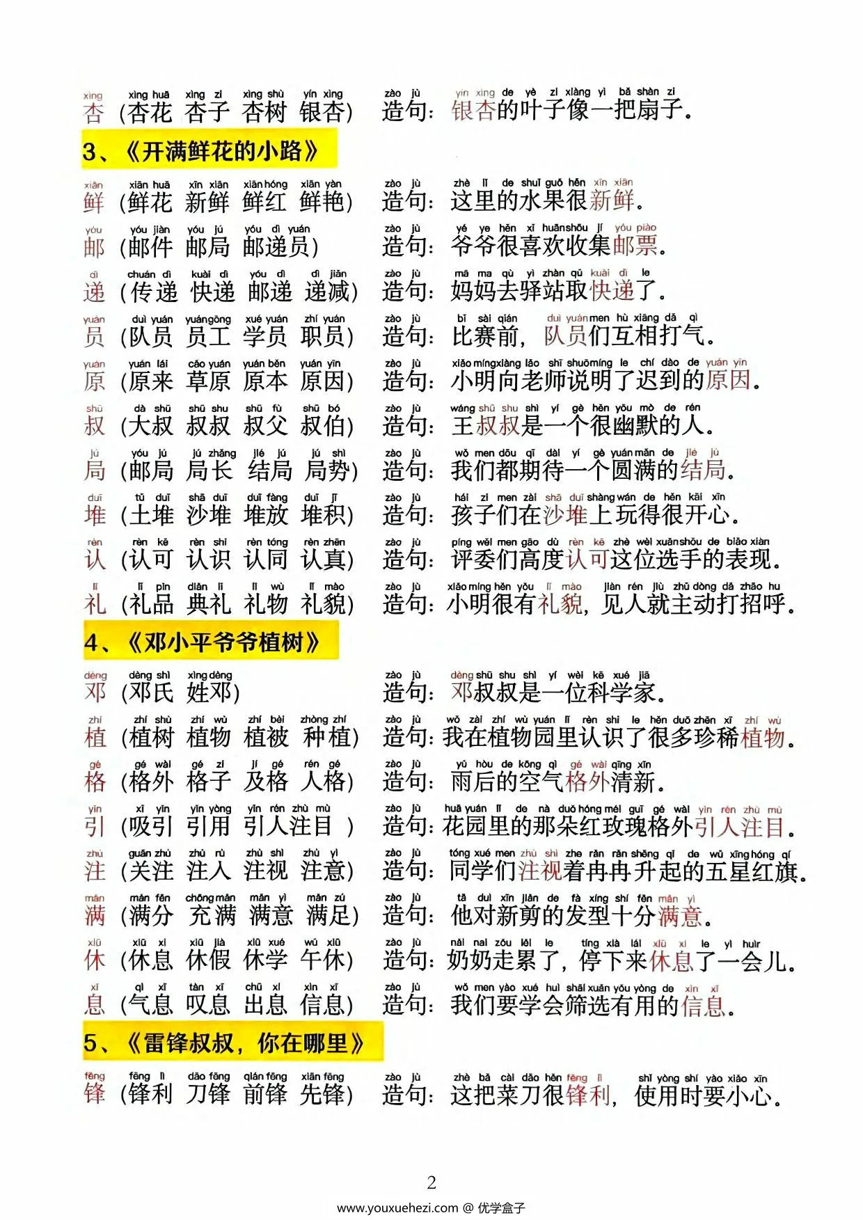 图片[2]-二年级语文下册每日晨读同步生字拼音组词造句，13页PDF可打印-优学盒子