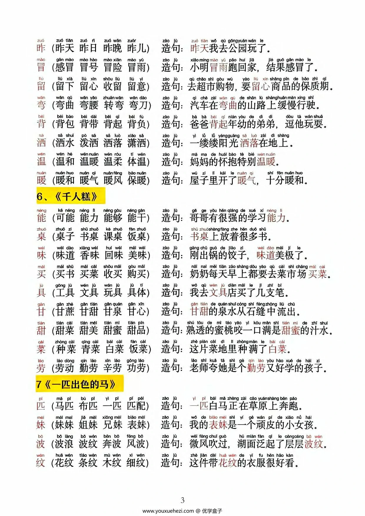 图片[3]-二年级语文下册每日晨读同步生字拼音组词造句，13页PDF可打印-优学盒子