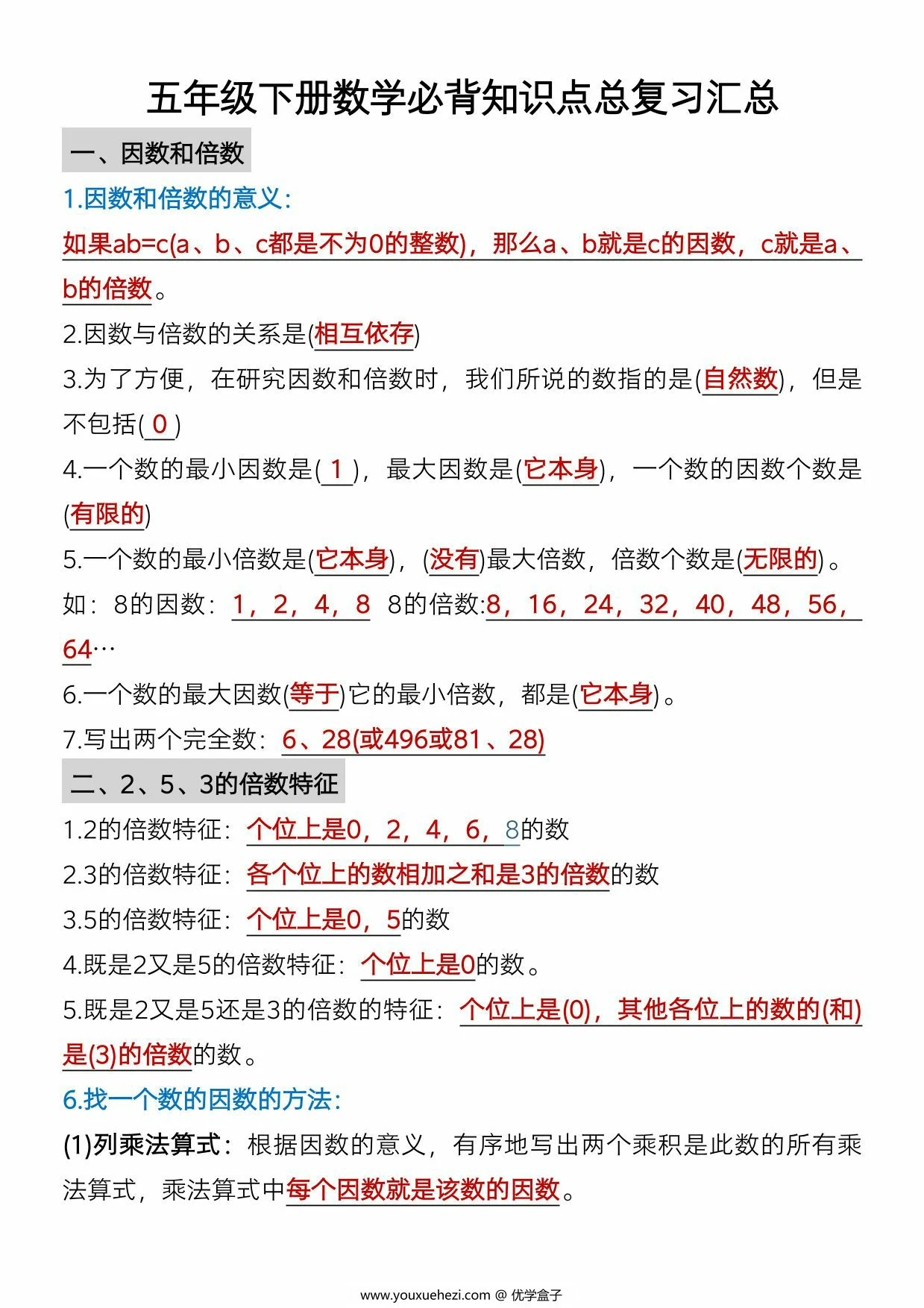 图片[1]-五年级下册数学必背知识点总复习汇总，6页PDF电子版-优学盒子