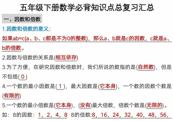 五年级下册数学必背知识点总复习汇总，6页PDF电子版-优学盒子