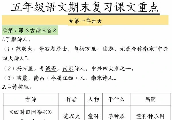 五年级下册语文期末复习课文重点，38页PDF电子版-优学盒子