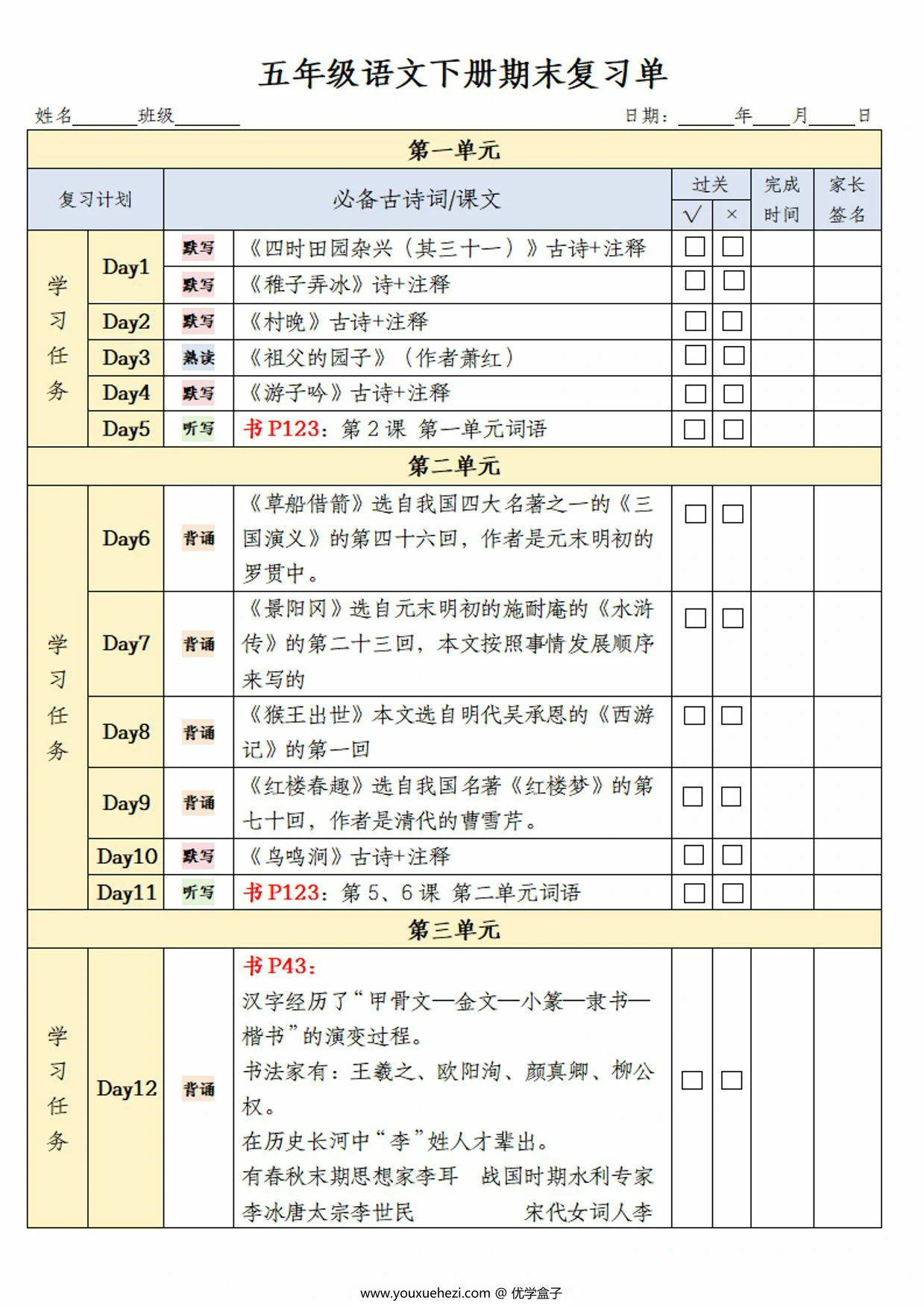 图片[1]-五年级语文下册期末复习单，8页PDF电子版-优学盒子