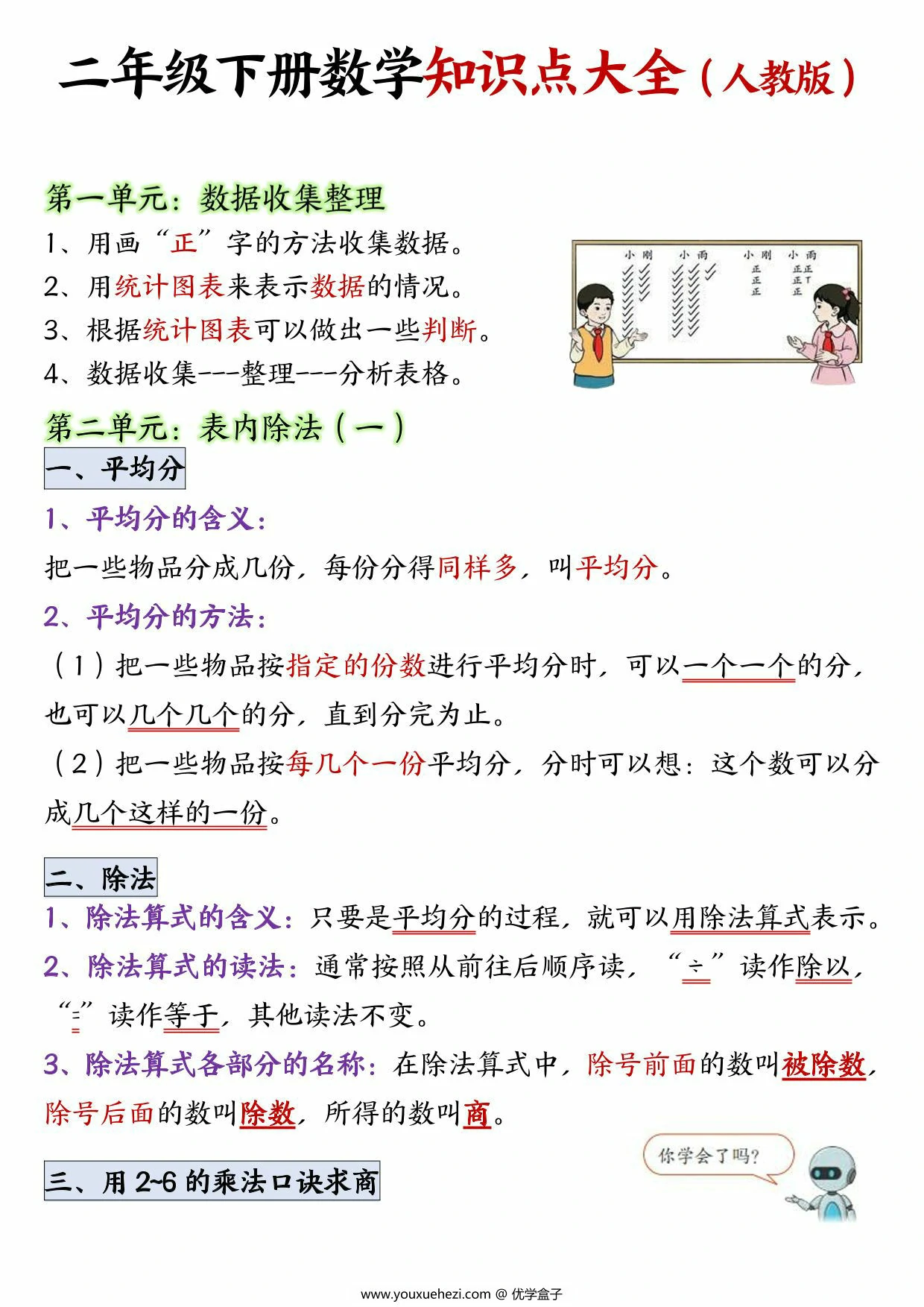 图片[1]-人教版二年级下册数学知识点大全1-8单元必背知识点汇总，6页PDF电子版-优学盒子
