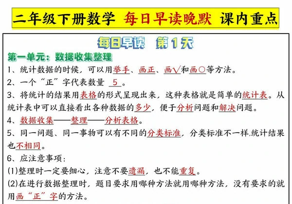人教版二年级下册数学重点知识点每日晨读晚默，14页PDF可打印-优学盒子