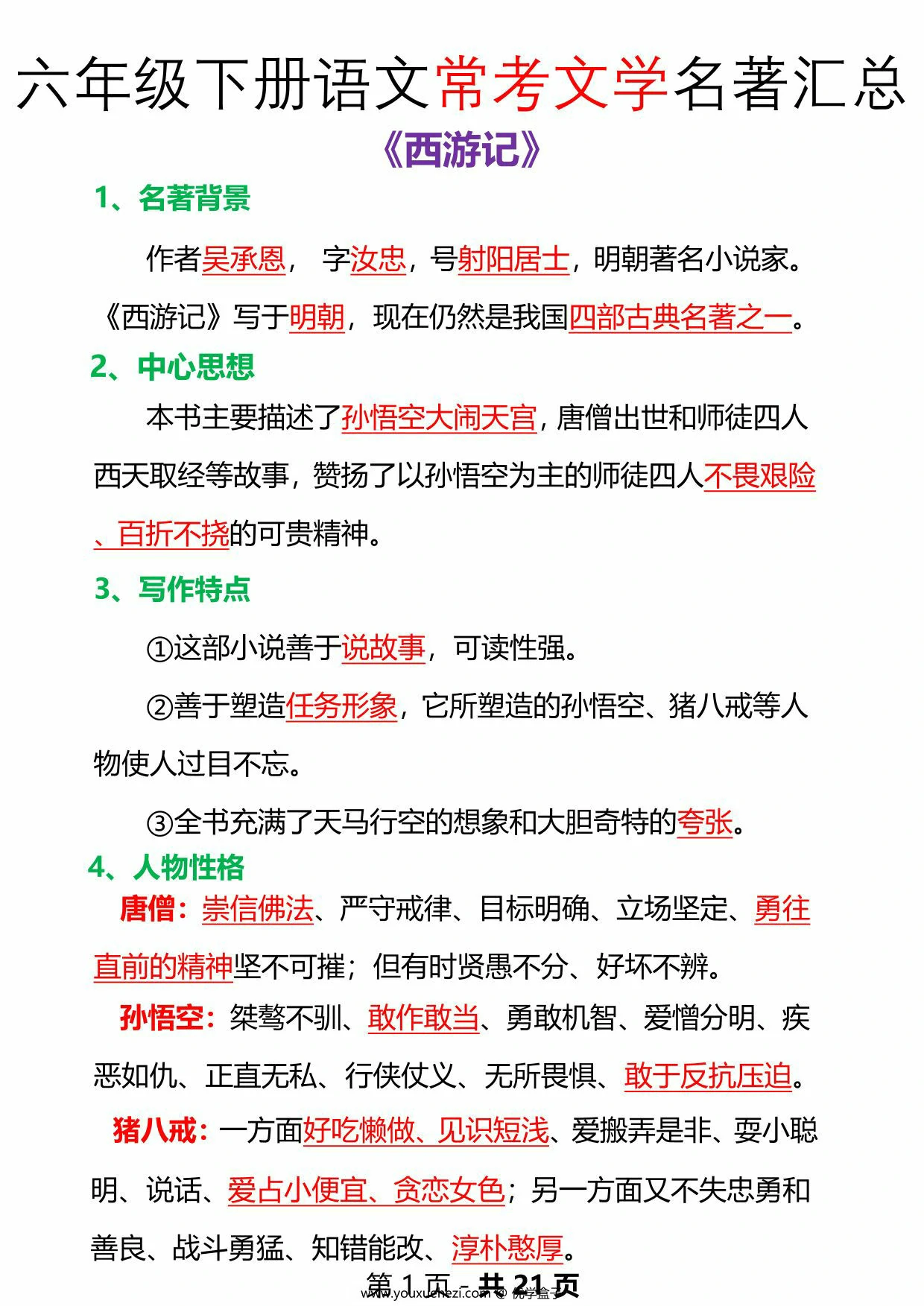 图片[1]-六年级下册语文常考文学名著汇总，21页PDF电子版-优学盒子