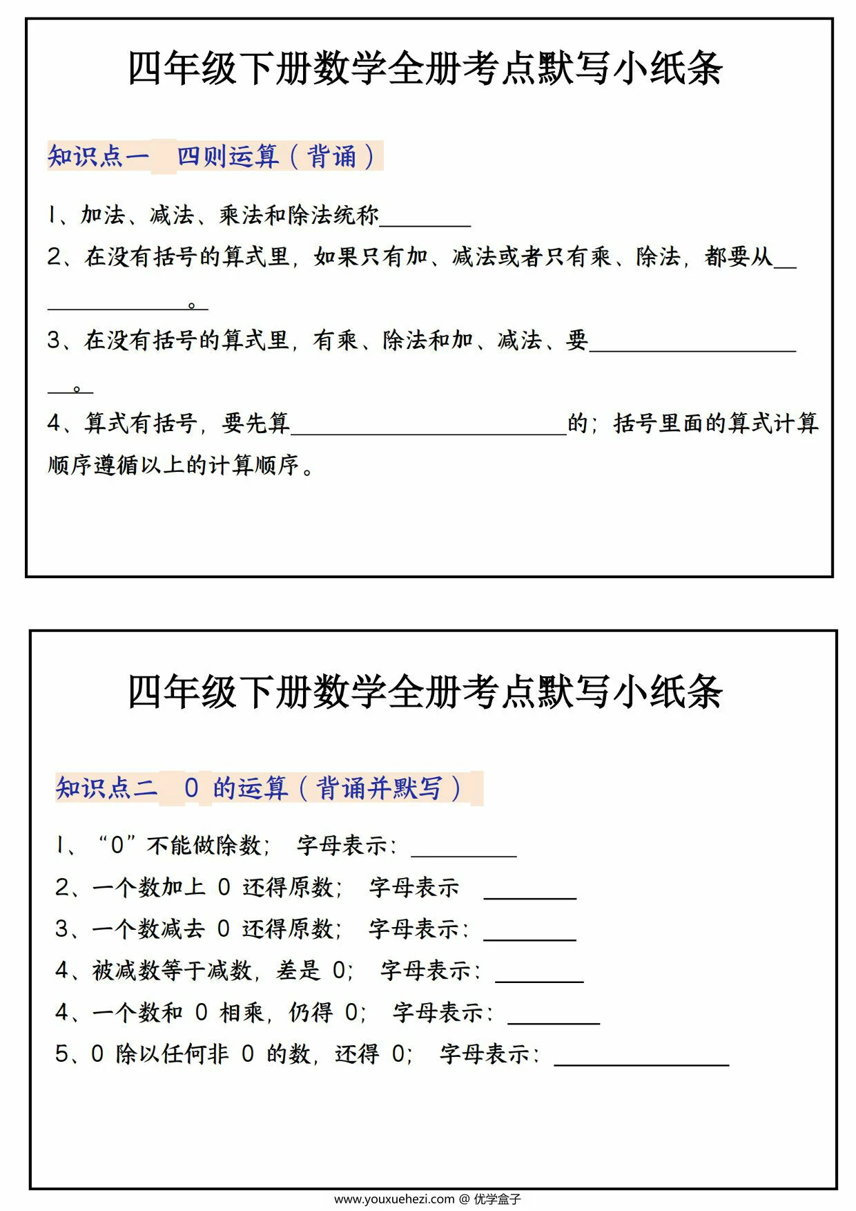 图片[1]-四年级下册数学全册考点默写小纸条，22页PDF电子版-优学盒子