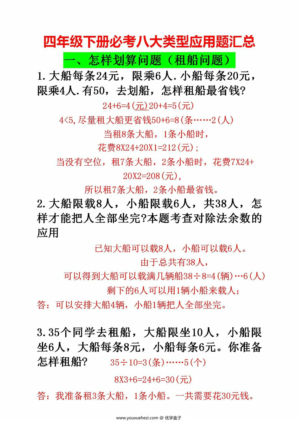 图片[1]-四年级下册数学必考八大类型应用题汇总，8页PDF可打印-优学盒子