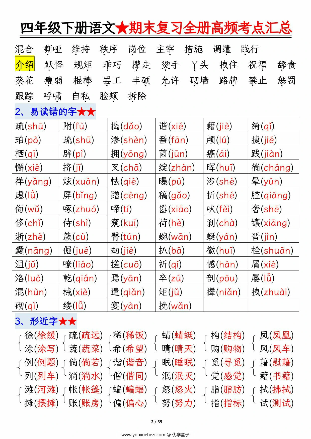 图片[2]-四年级下册语文期末复习全册高频考点汇总，39页PDF电子版-优学盒子