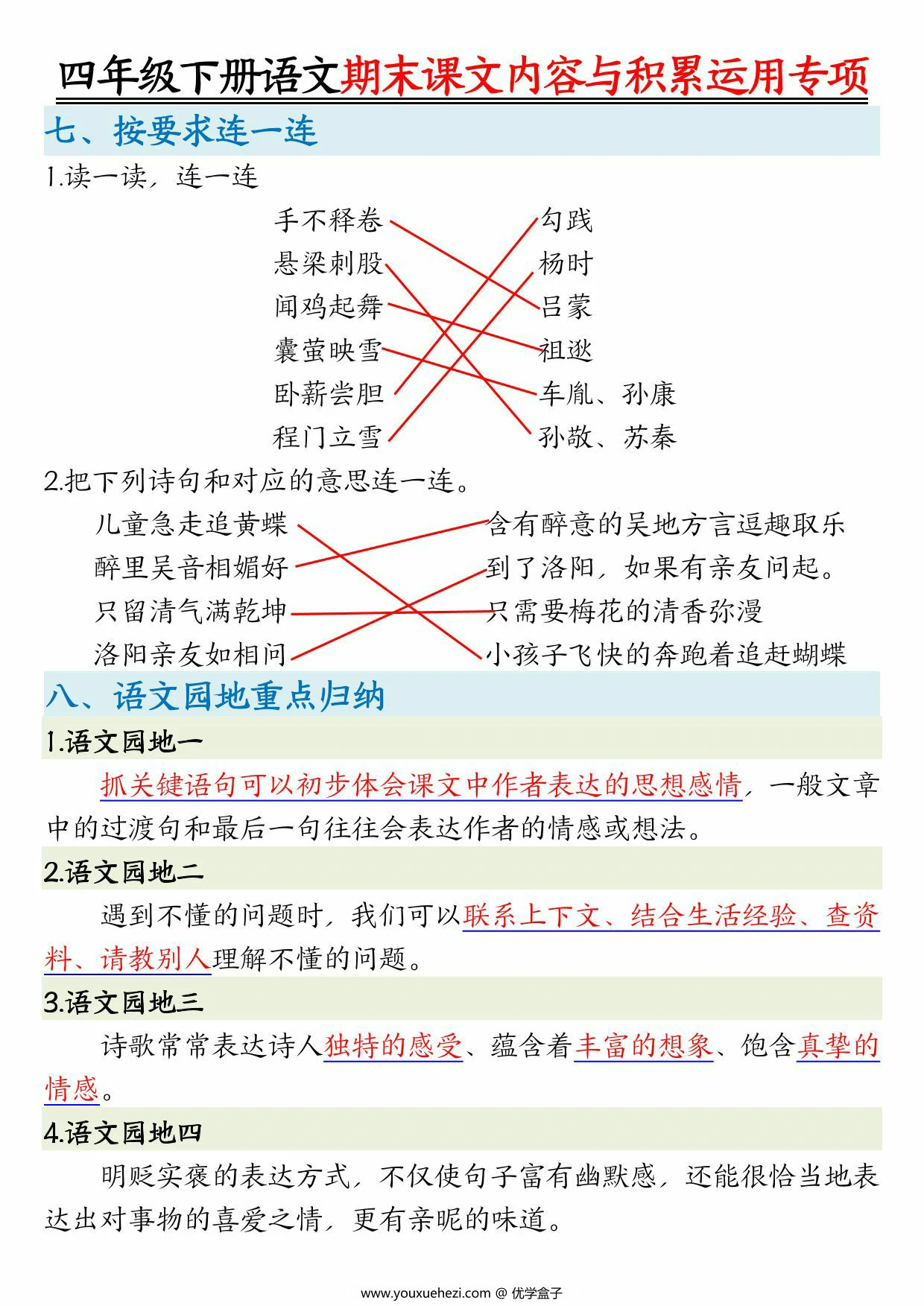 图片[3]-四年级下册语文期末课文内容与积累运用专项，15页PDF可打印-优学盒子