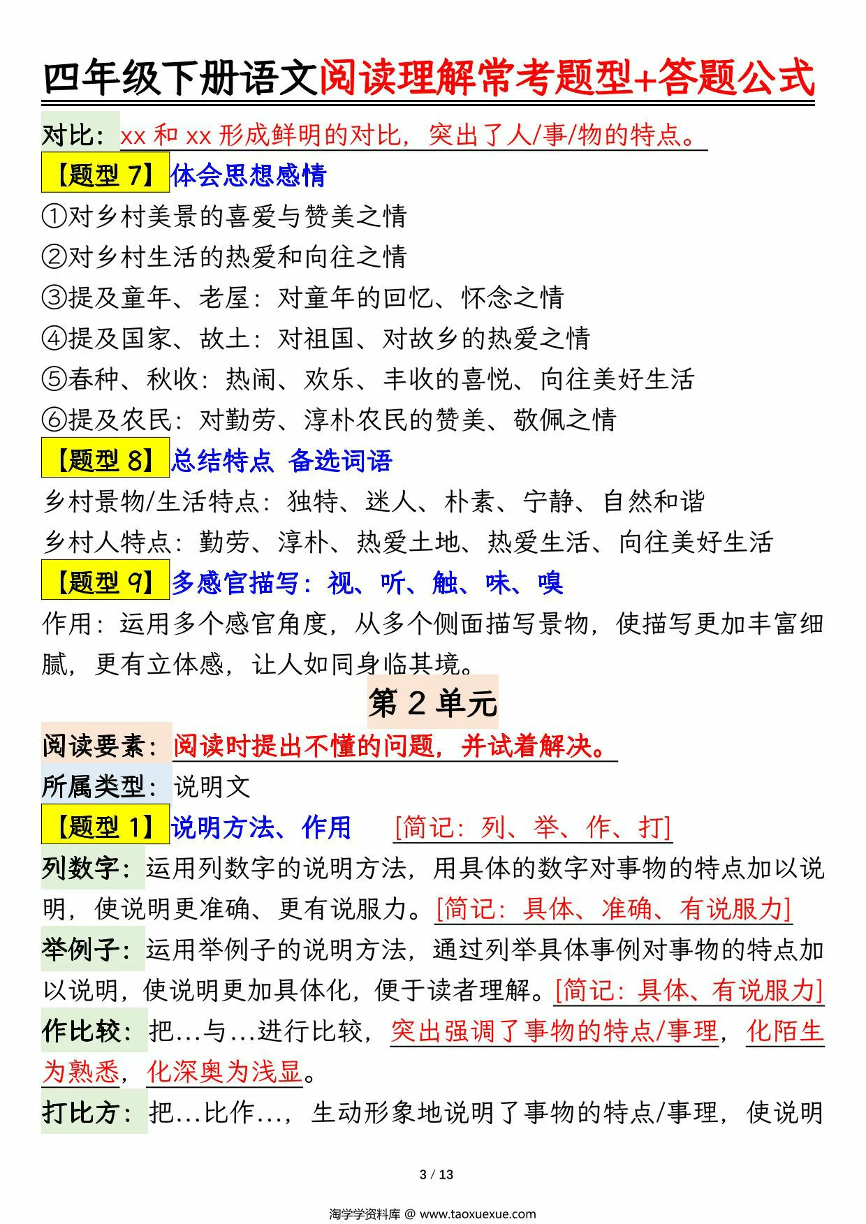 图片[3]-四年级下册语文阅读理解常考题型+答题公式，13页PDF可打印-优学盒子