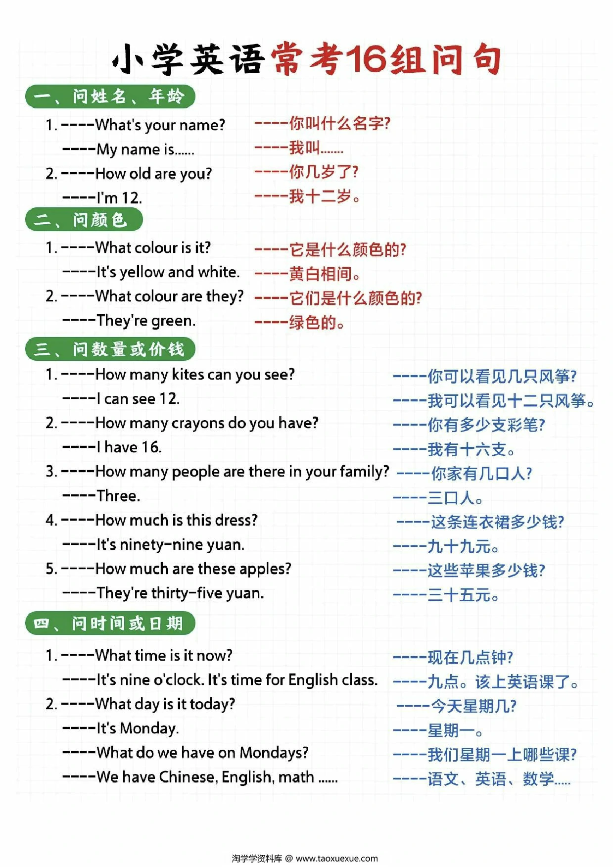 图片[1]-(新)小学英语常考16种问句，7页PDF可打印-优学盒子