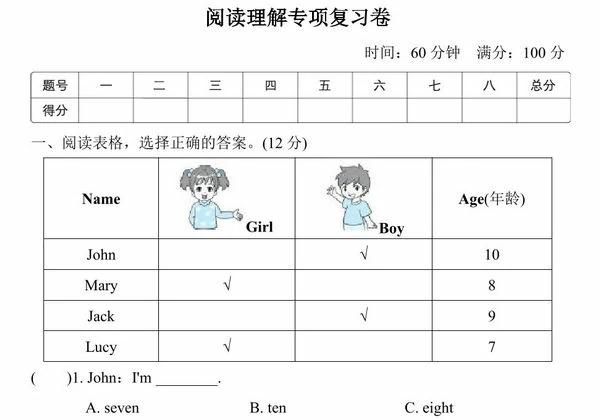 三年级上册英语外研三起阅读理解专项复习卷（含答案），6页PDF电子版-优学盒子