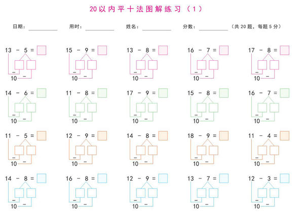 20以内退位减法练习题(平十法图解及算式练习) 21页PDF-优学盒子