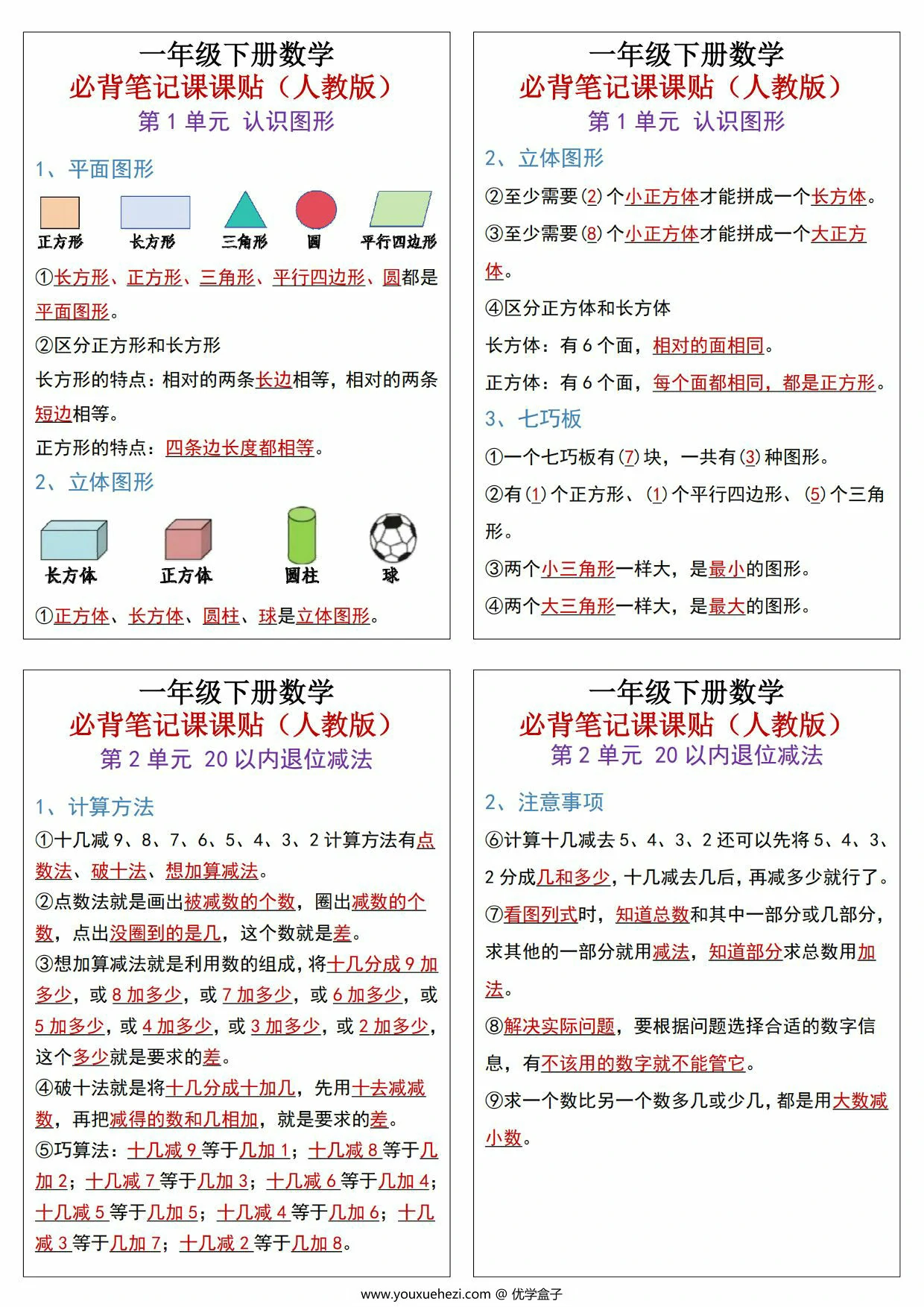 图片[1]-一年级下册数学必背笔记课课贴知识点总结，4页PDF电子版-优学盒子
