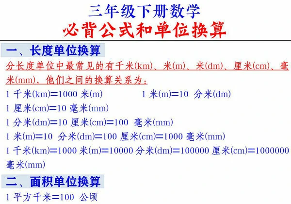 三年级下册数学必背公式和单位换算，5页PDF可打印-优学盒子