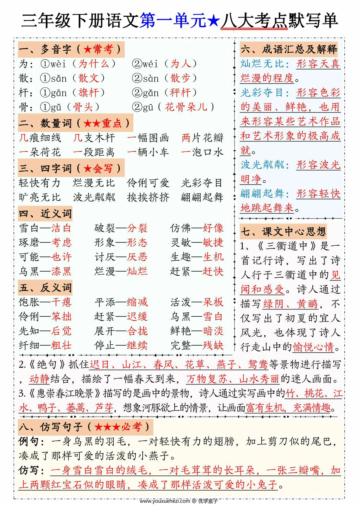 图片[1]-三年级下册语文1-8单元八大考点默写单，16页PDF可打印-优学盒子