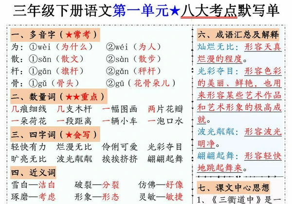 三年级下册语文1-8单元八大考点默写单，16页PDF可打印-优学盒子