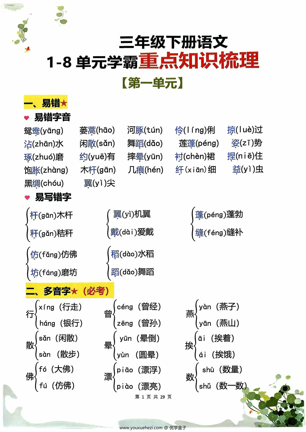 图片[1]-三年级下册语文1-8单元学霸重点知识梳理，29页PDF电子版-优学盒子