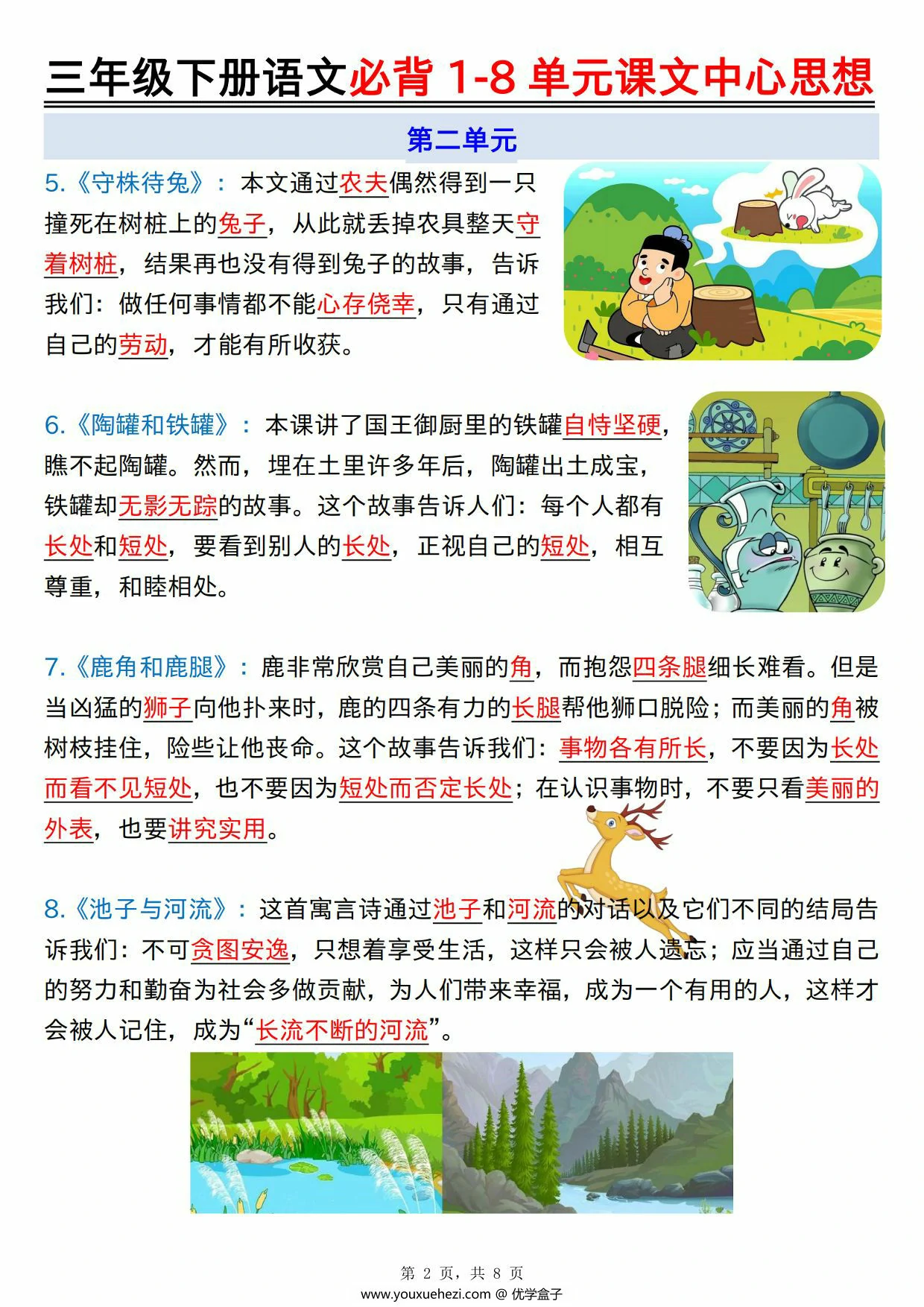 图片[2]-三年级下册语文必背1-8单元课文中心思想，8页PDF可打印-优学盒子