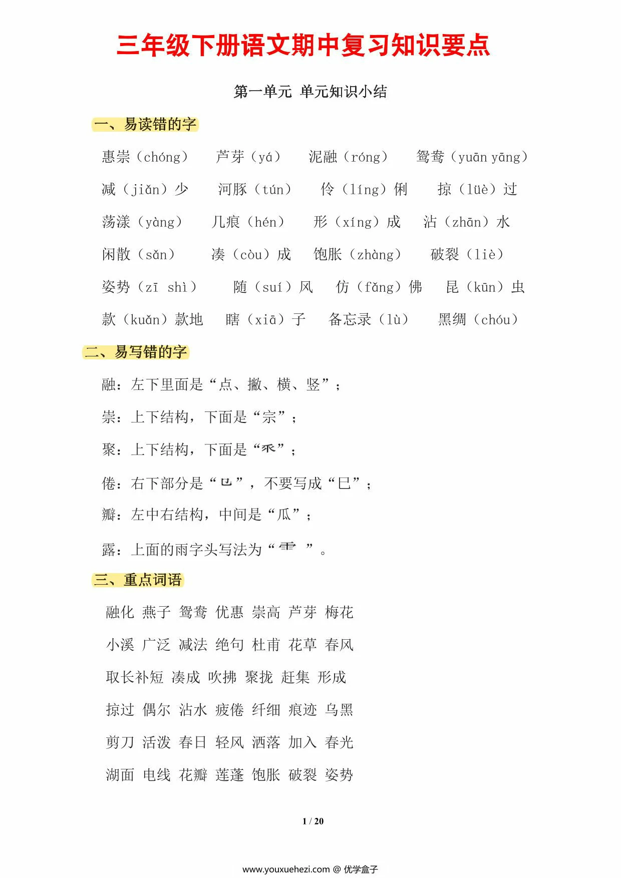图片[1]-三年级下册语文期中复习知识要点，20页PDF电子版-优学盒子
