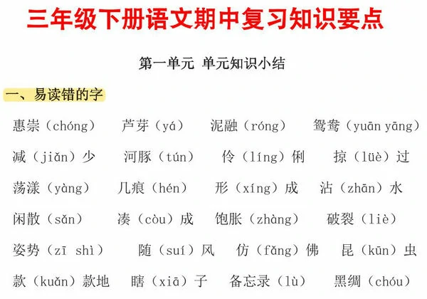 三年级下册语文期中复习知识要点，20页PDF电子版-优学盒子