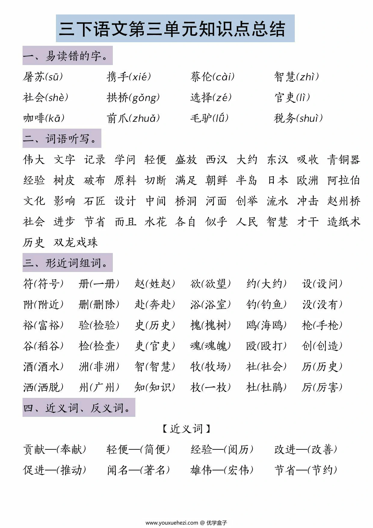 图片[1]-三年级下册语文第三单元知识点总结，5页PDF可打印-优学盒子