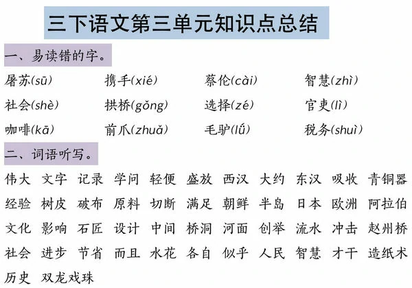 三年级下册语文第三单元知识点总结，5页PDF可打印-优学盒子