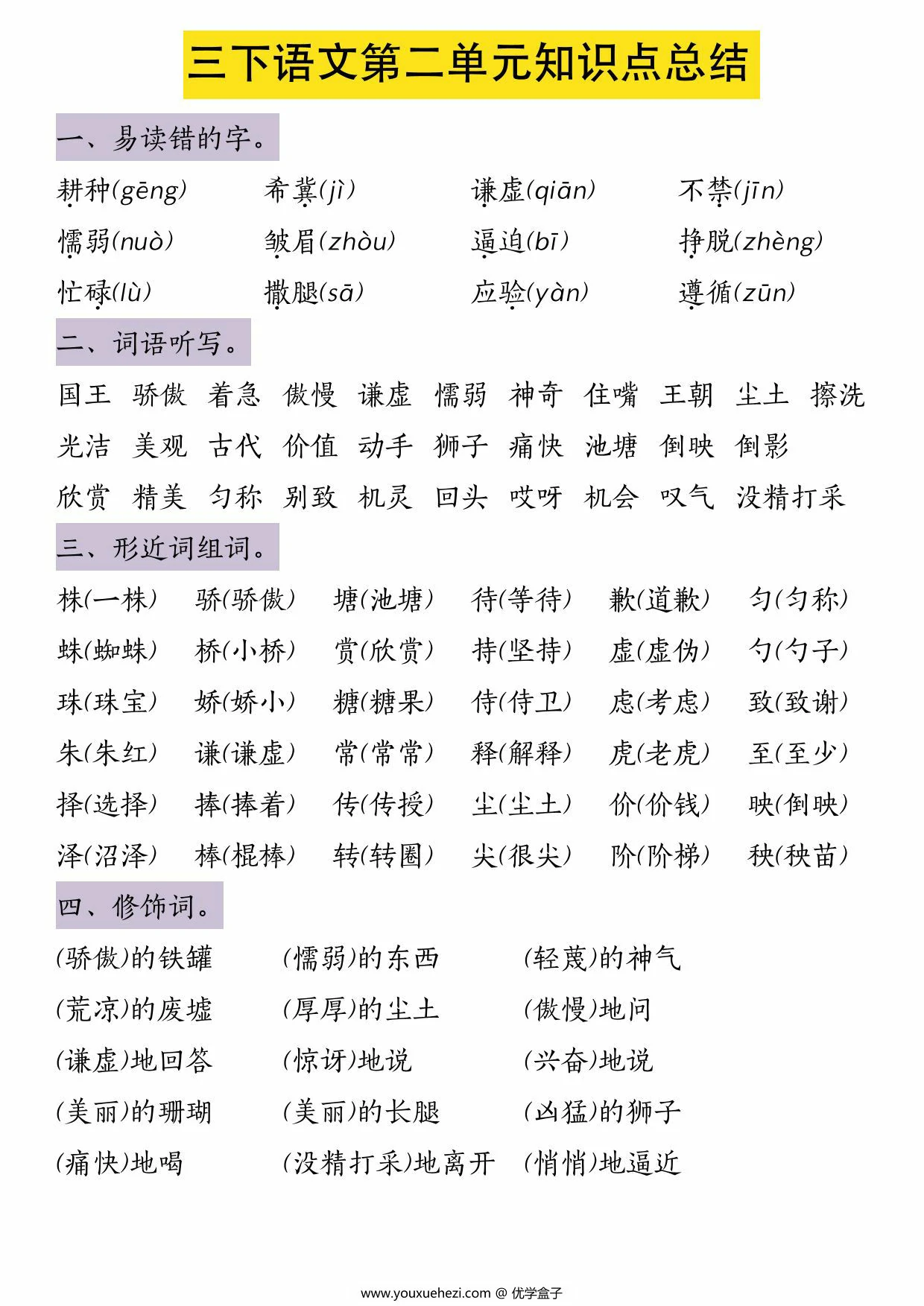 图片[1]-三年级下册语文第二单元知识点总结，6页PDF电子版-优学盒子