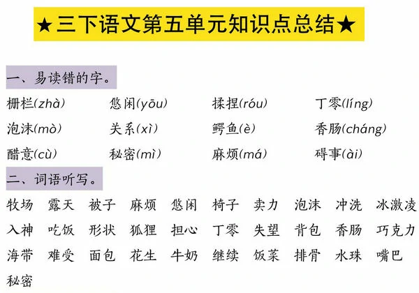三年级下册语文第五单元知识点总结，3页PDF可打印-优学盒子